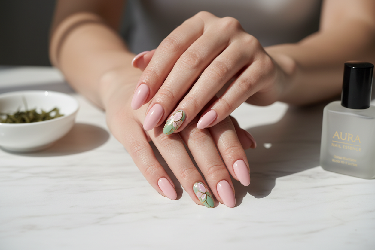 Light pink nails with sage green and lotus flower design